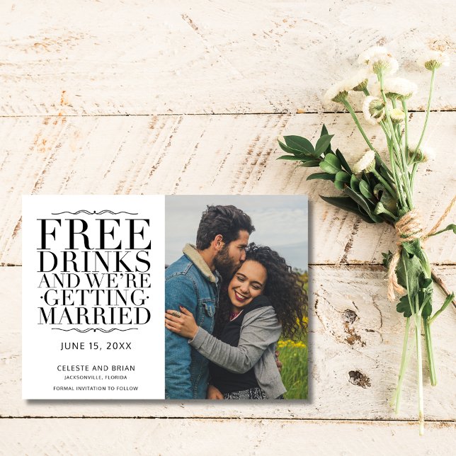 Reserve A Data Foto Engraçada de Drinks Grátis Casamento Salve a  (Funny Free Drinks Photo Wedding Save the Date)