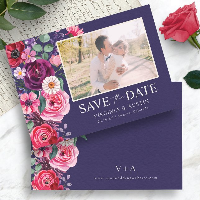 Reserve A Data Foto Floral Colorida (Colorful Floral Photo Save The Date Card Monogrammed by Painted Paperie
)