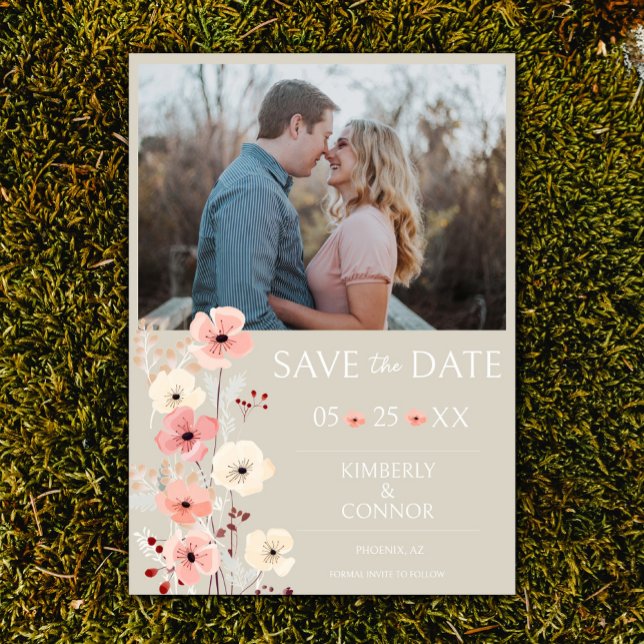Reserve A Data Foto Floral do Modern Boho Salvar a Data | Cerco (Beige Modern Boho Floral Photo Save the Date)