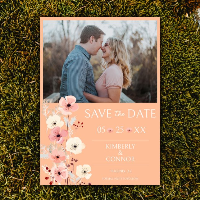 Reserve A Data Foto Floral do Modern Boho Salvar a Data | Pêssego (Peach Fuzz Modern Boho Floral Photo Save the Date)