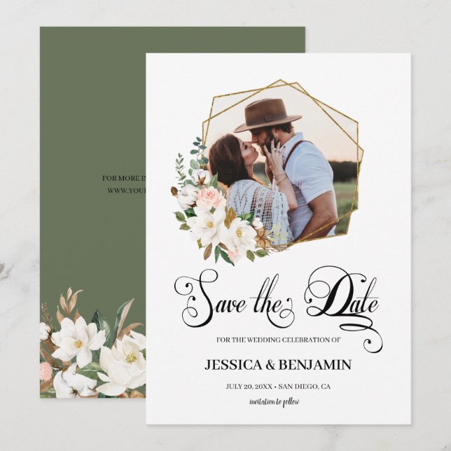 Reserve A Data Foto Geométrica de Magnólia em Algodão com Folhas  (Frente/Verso)