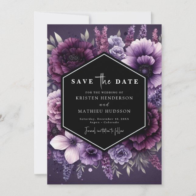 Reserve A Data Foto Moderna Casamento Floral Roxo (Frente)