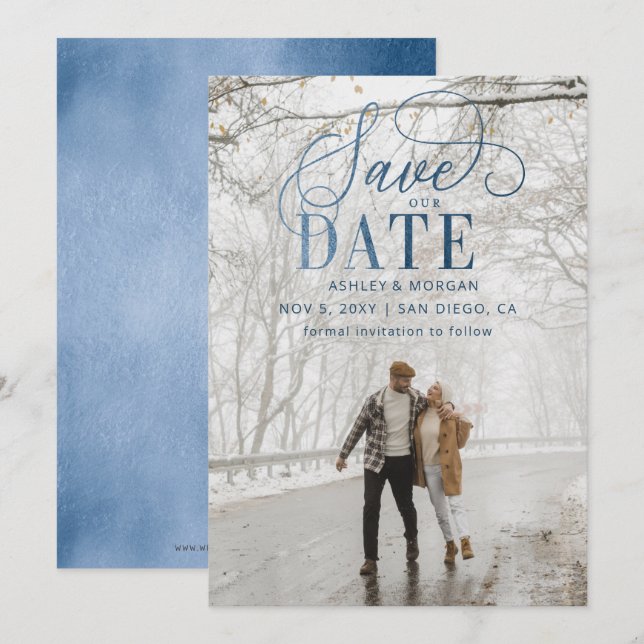 Reserve A Data Foto Moderna Rustic Blue Script Salva A Data (Frente/Verso)