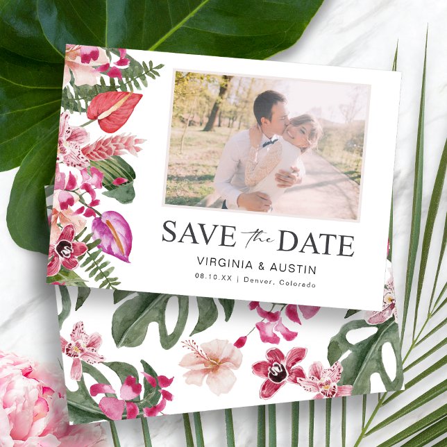 Reserve A Data Foto oral Tropical Colorida (Colorful Tropical Watercolor Floral Photo Save The Date Card by Painted Paperie
)