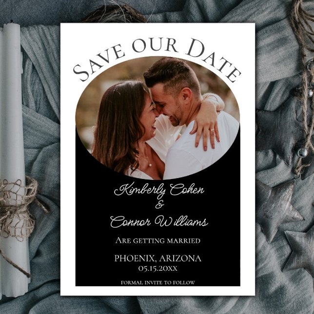 Reserve A Data Foto Oval Simples Salvar a Data | Preto (Black Simple Oval Photo Save the Date)