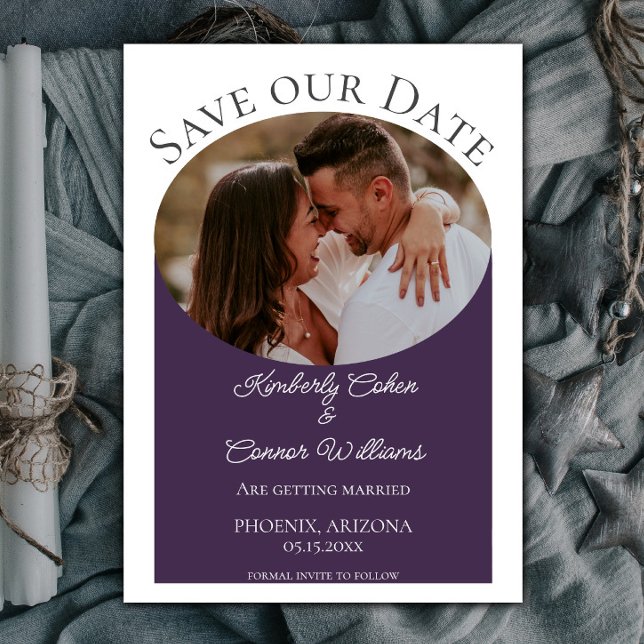 Reserve A Data Foto Oval Simples Salvar a Data | Roxo (Purple Simple Oval Photo Save the Date)