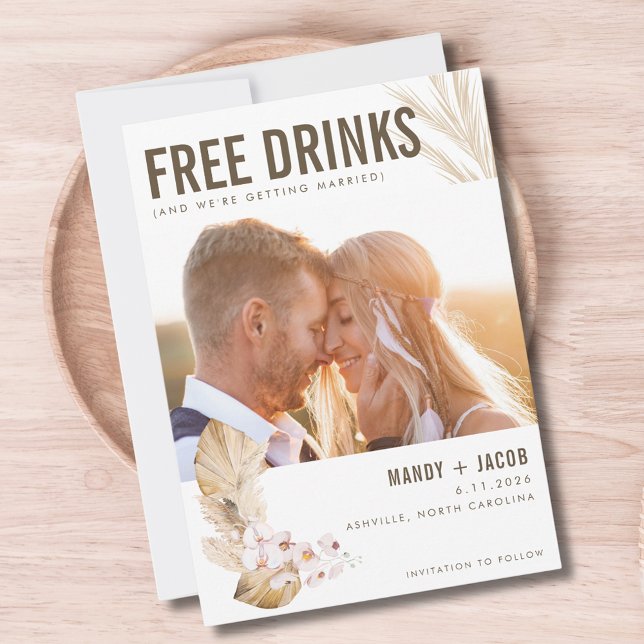 Reserve A Data Foto para Boho de Bebidas Gratuitas Salve a Data (Free Drinks Photo Boho Wedding Save the Date)