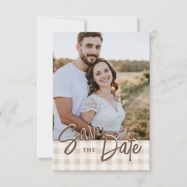 Reserve A Data Foto Personalizada Com Save The Date Xadrez Bege (Frente)