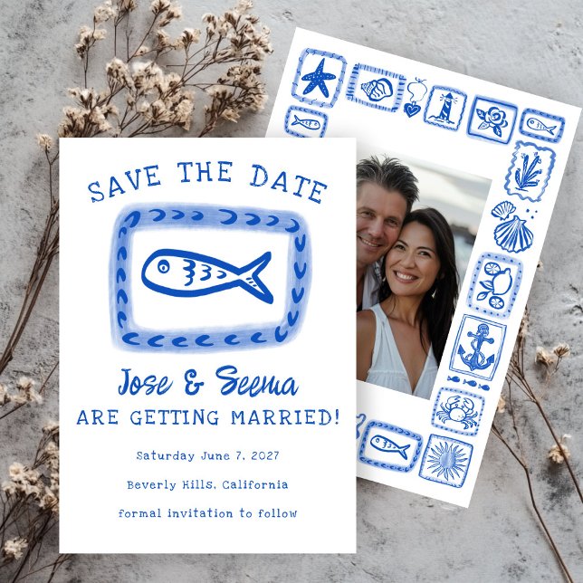 Reserve A Data Foto Personalizada De Peixe Engraçado Desenhado Em (Cute Fish Hand Drawn Sweet Beach Custom Photo Save The Date Invitation Card
)