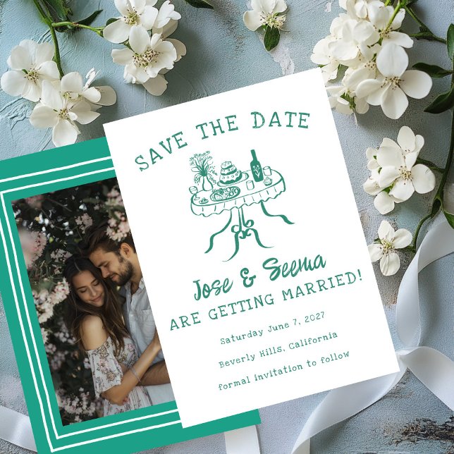 Reserve A Data Foto personalizada doce desenhada por Mesa de Jant (Buffet Dinner Table Hand Drawn Sweet Custom Photo Save The Date Card
)
