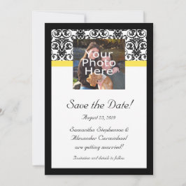 Reserve A Data Foto Preto, Branco e Amarelo em Damask Save the Da