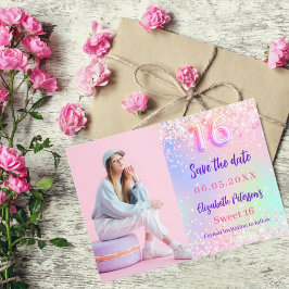 Reserve A Data Foto roxa holográfica cor-de-rosa Doce 16