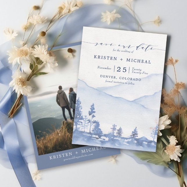 Reserve A Data Foto Rustic Blue Watercolor Mountain (Delight your guests with a Save the Date that's as breathtaking as your upcoming nuptials.)