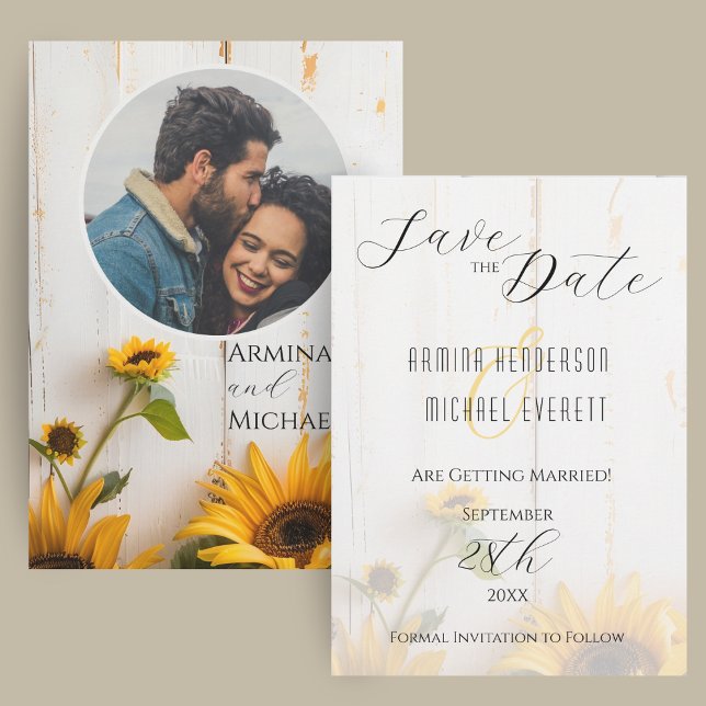 Reserve A Data Foto Rústica De Madeira De Girassol (A rustic wedding save the sate card with sunflowers, white barn wood, and a photo.)