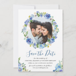 Reserve A Data Foto: Salvar a data Blue Hydrangeas Floral Wreath