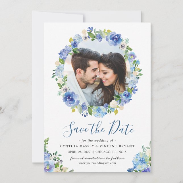 Reserve A Data Foto: Salvar a data Blue Hydrangeas Floral Wreath (Frente)