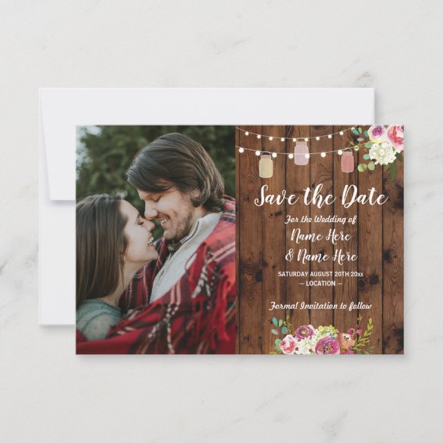Reserve A Data Foto: Salvar A Data Rustic Jar Wood Floral Invite (Frente)