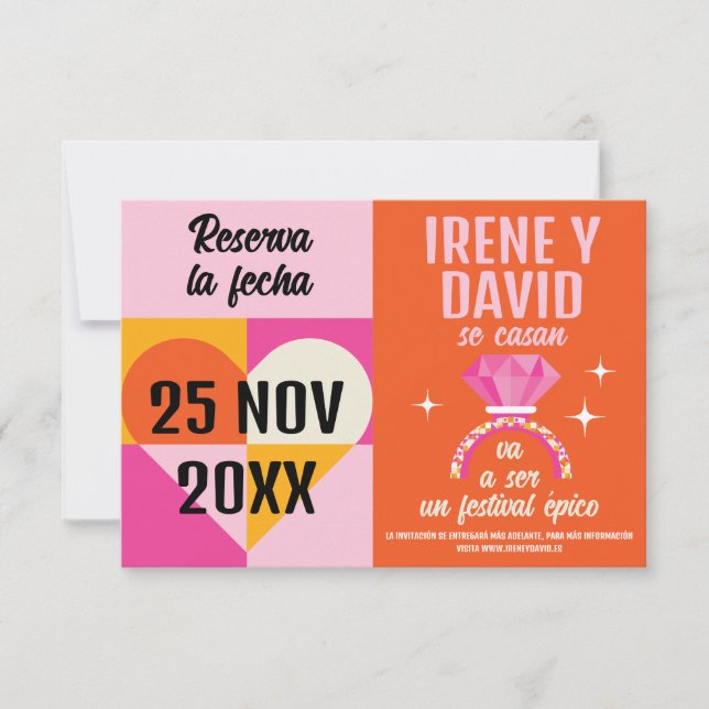 Reserve A Data Foto Save the Date Anillo Festival Naranja y Rosa (Frente)