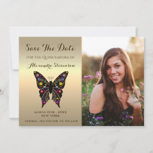 Reserve A Data Foto Save The Date Dourado Quinceanera Borboleta