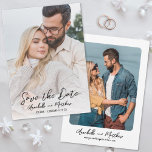 Reserve A Data Foto Script Simples Casamento Minimalista<br><div class="desc">Cartão de Salvar a Data de Casamento Minimalista Simples. Este design atemporal apresenta fotos na frente e no verso, cada uma com bordas arredondadas para um toque suave e elegante. A foto da frente ocupa todo o espaço, com um efeito de gradiente transparente branco na parte inferior que se funde...</div>