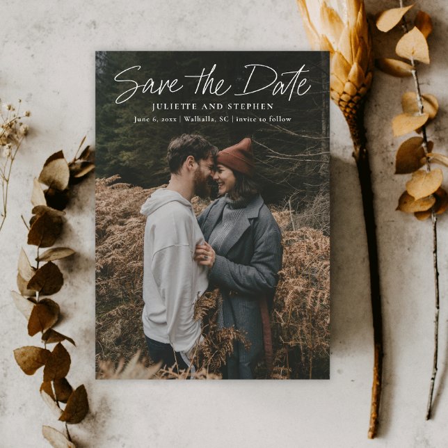 Reserve A Data Foto Simples de Casamento de Script Moderno (Handwritten Photo Wedding Save the Date with QR Code.)