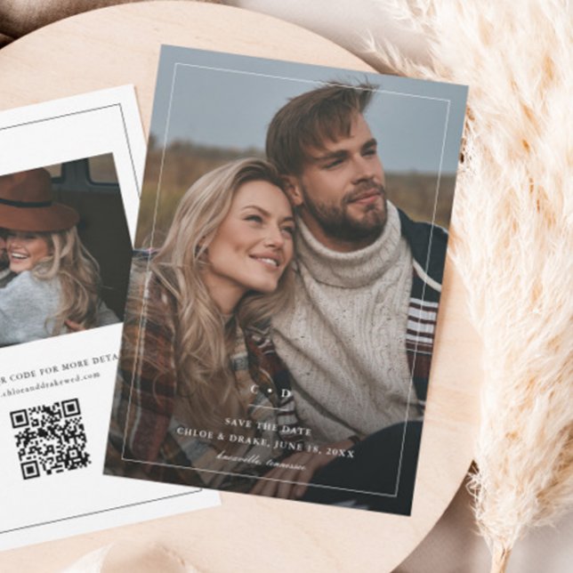 Reserve A Data Foto Simples de Casamento Preto e Branco (Simple Wedding Monogram Photo Save the Date with QR code.)