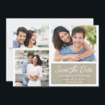 Reserve A Data Foto simples e moderna salvando as datas em Ecru<br><div class="desc">Cartões salve a data brancos e neutros em três fotos. Perfeito para um casamento náutico ou costeiro! Apresentando três fotos e uma caixa azul com roteiro moderno de escrita manual e texto em serifa com os detalhes do dia do casamento. Casamento super bonito e simples, salve as datas. O fundo...</div>