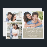 Reserve A Data Foto simples e moderna salvando as datas em Ecru<br><div class="desc">Cartões salve a data brancos e neutros em três fotos. Perfeito para um casamento náutico ou costeiro! Apresentando três fotos e uma caixa azul com roteiro moderno de escrita manual e texto em serifa com os detalhes do dia do casamento. Casamento super bonito e simples, salve as datas. O fundo...</div>