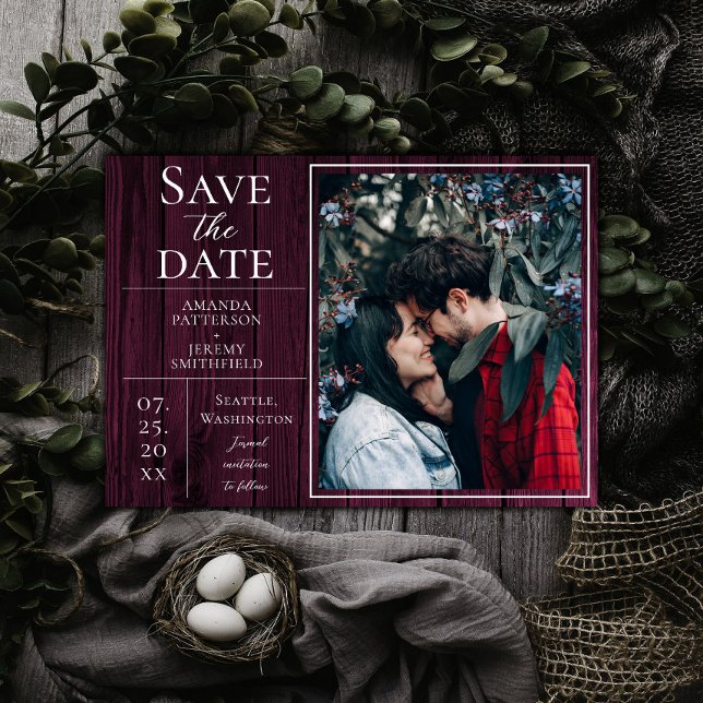Reserve A Data Foto simples e russa | Magenta Guardar a Data (Magenta Rustic and Simple Photo Save the Date)
