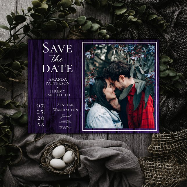 Reserve A Data Foto simples e russa | Roxo Guardar a Data (Purple Rustic and Simple Photo Save the Date)