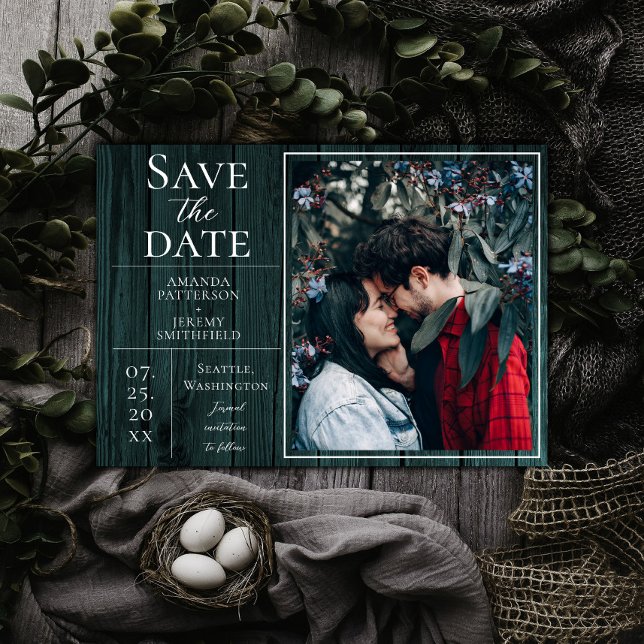 Reserve A Data Foto simples e russa | Teal Salvar a data (Teal Rustic and Simple Photo Save the Date)