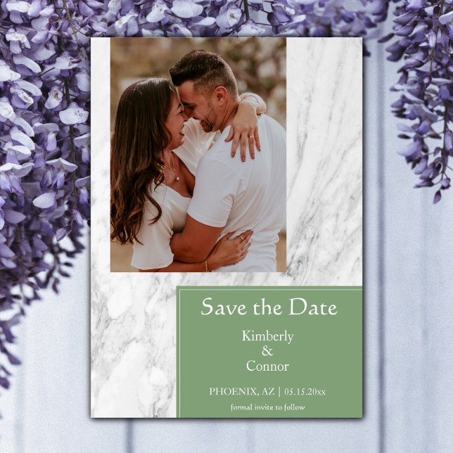 Reserve A Data Foto Simples Mármore Verde Musgo (Moss Green Simple Marbled Photo Save the Date)