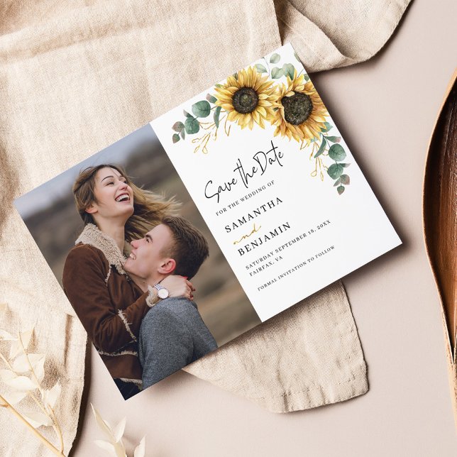 Reserve A Data Foto: Sunflower Eucalyptus Wedding (Floral Sunflower Eucalyptus Wedding Save the Date Announcement)