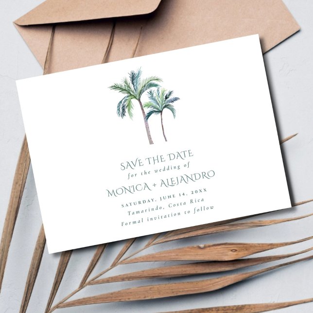 Reserve A Data Foto Tropical Palm Tree Beach Weding (Tropical Palm Tree Beach Wedding Photo Save The Date)
