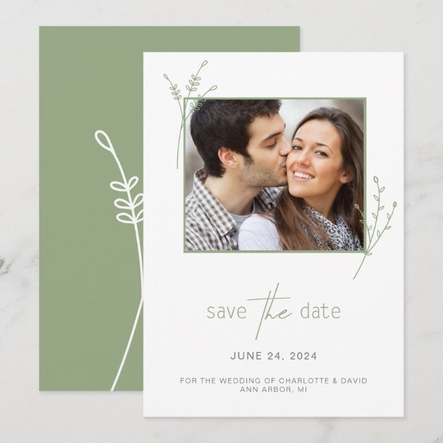 Reserve A Data Foto Verde Simples Sage Casamento Salve A Data (Frente/Verso)