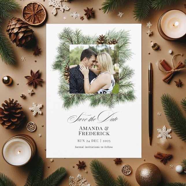 Reserve A Data Fotografia de casamento de Natal Elegantes Pinheir (Elegant Winter Pines Christmas Wedding Photo Save The Date)