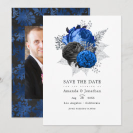 Reserve A Data Fotografia de casamento floral azul real, preto e 