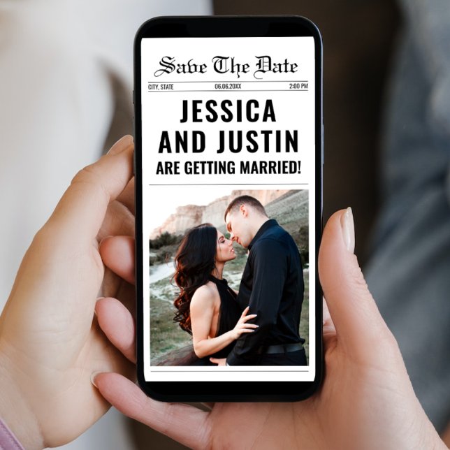 Reserve A Data Fotografia de casamento simples e elegante em jorn (Newspaper Unique Simple Chic Photo Wedding Save The Date digital save the date card template)