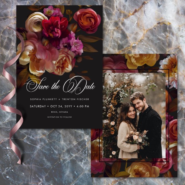 Reserve A Data Fotografia de Floral Preto Temperamental Vermelho  (Moody Black Floral Painterly Red Burgundy Photo Save The Date)