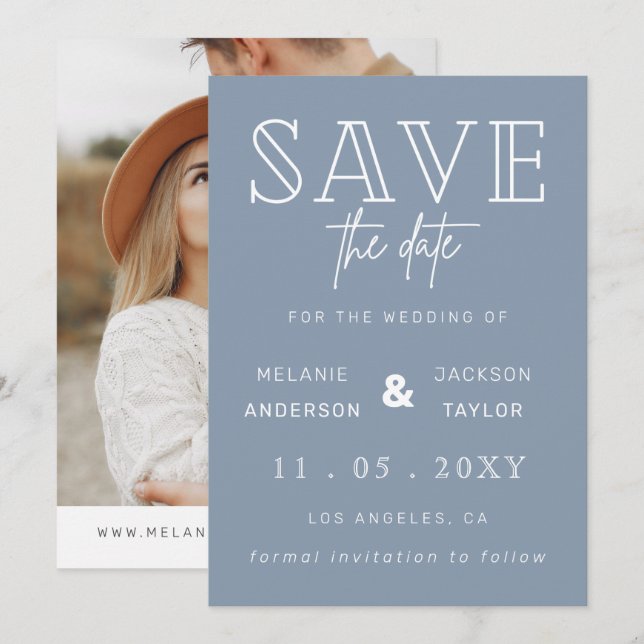 Reserve A Data Fotografia simples e azul Dusty Salva a data (Frente/Verso)