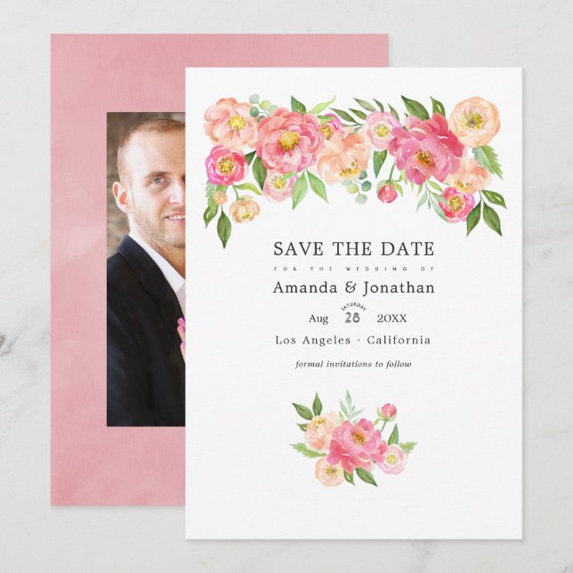 Reserve A Data Fotos De Casamento Com Peônias Em Aquarela Rosa Pa (Frente/Verso)