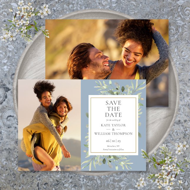 Reserve A Data Fotos de casamento em azul empoeirado com folhagen (Dusty Blue Greenery Photos Wedding Save The Date
)