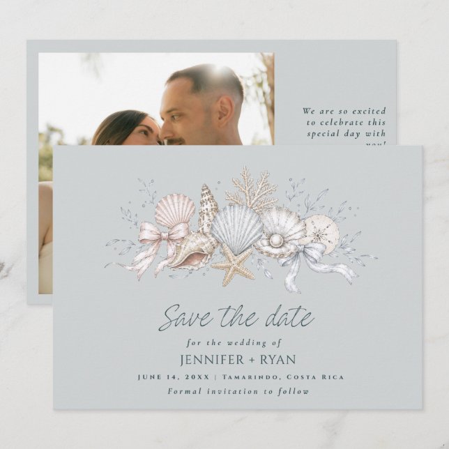 Reserve A Data Fotos de casamento na praia com conchas  (Frente/Verso)