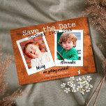 Reserve A Data Fotos de Infância Vintage Wood Rustic<br><div class="desc">Personalize com suas fotos de infância para criar um cartão de data exclusivo. O inverso tem detalhes adicionais sobre a data,  incluindo o site do seu casamento.</div>