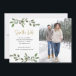 Reserve A Data Fotos Simples de Verde Água e Dourado<br><div class="desc">Esses adoráveis cartões de save the date de casamento minimalistas apresentam folhas verdes simples pintadas à aguarela em um fundo branco limpo com sua foto. A tipografia moderna serifada misturada com a tipografia de script dourado falso trendy adiciona um visual fresco para tornar esse save the date perfeito para o...</div>