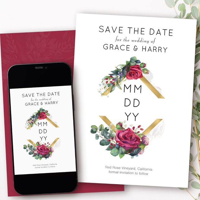 Reserve A Data Frame Geométrico do Diamond Dourado rosa vermelha (Modern Save the Date from my Red Rose and Eucalyptus collection)