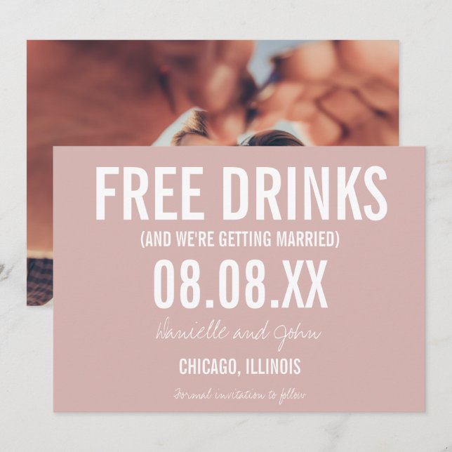 Reserve A Data Free Drinks Blush Pink Foto Casamento Salve a Data (Frente/Verso)