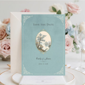 Reserve A Data French Heron Dusty Blue Wedding Save The Date Card