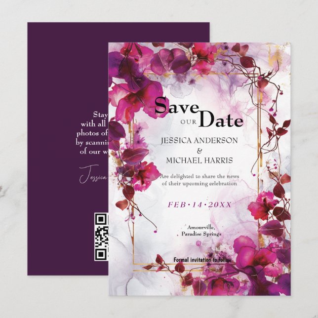 Reserve A Data Fuchsia Enchantment: Casamento por Aquarela (Frente/Verso)