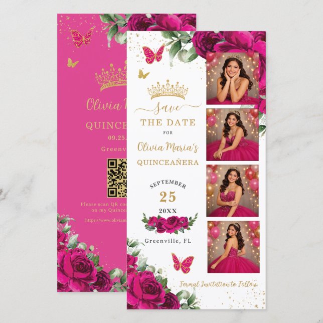 Reserve A Data Fuchsia Floral Photo Booth Quinceanera QR code (Frente/Verso)